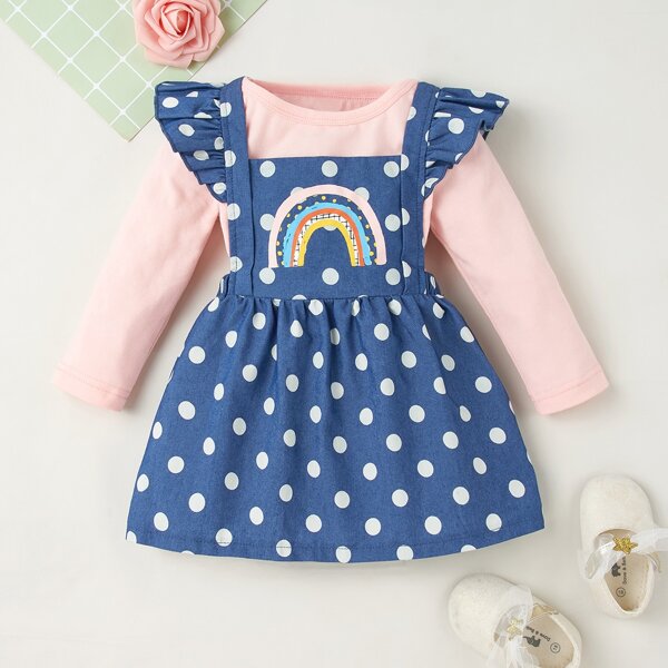 

Baby Girl Tee & Polka Dot Ruffle Trim Pinafore Skirt, Multicolor