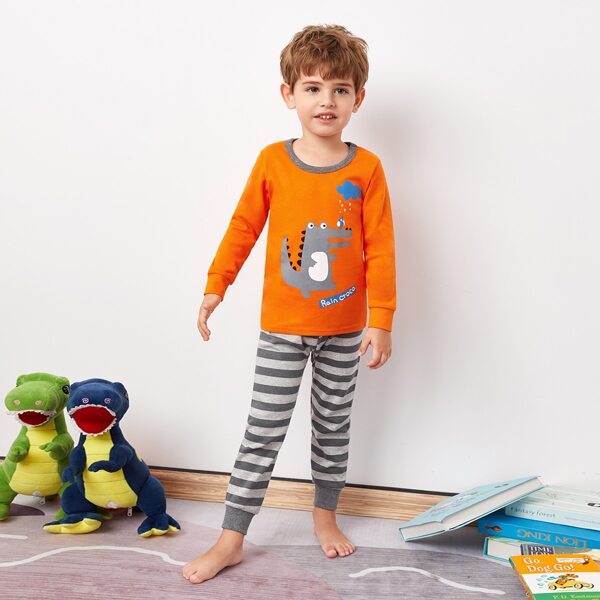 

Toddler Boys Cartoon Crocodile Print Striped Pajama Set, Multicolor