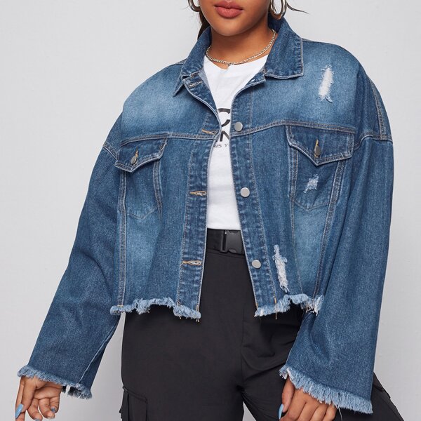 

Plus Button Front Raw Hem Denim Jacket, Medium wash