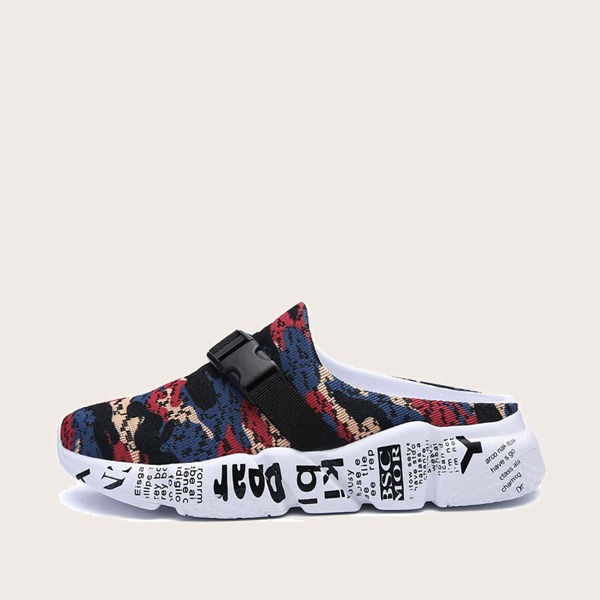 

Men Release Buckle Decor Colorblock Sneaker Mules, Red