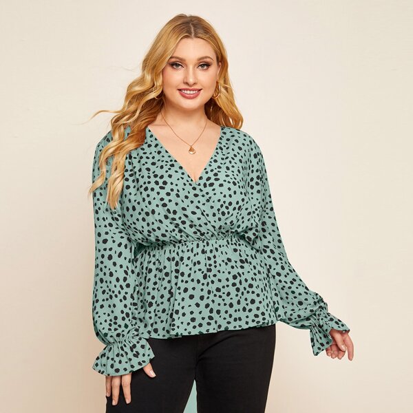 

Plus Flounce Sleeve Allover Print Peplum Blouse, Mint green