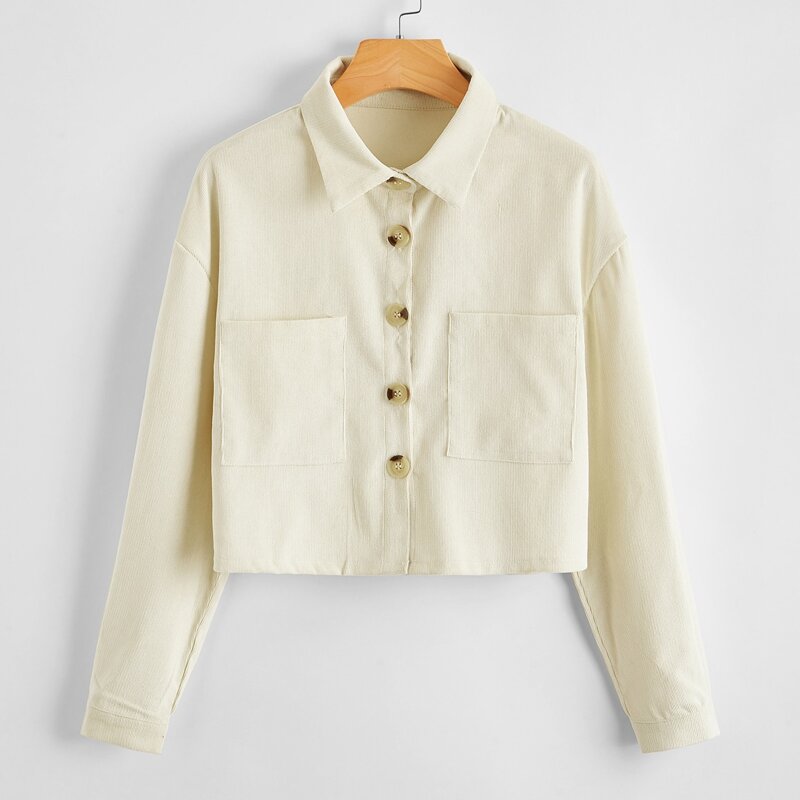 

Solid Pocket Button Front Jacket, Beige