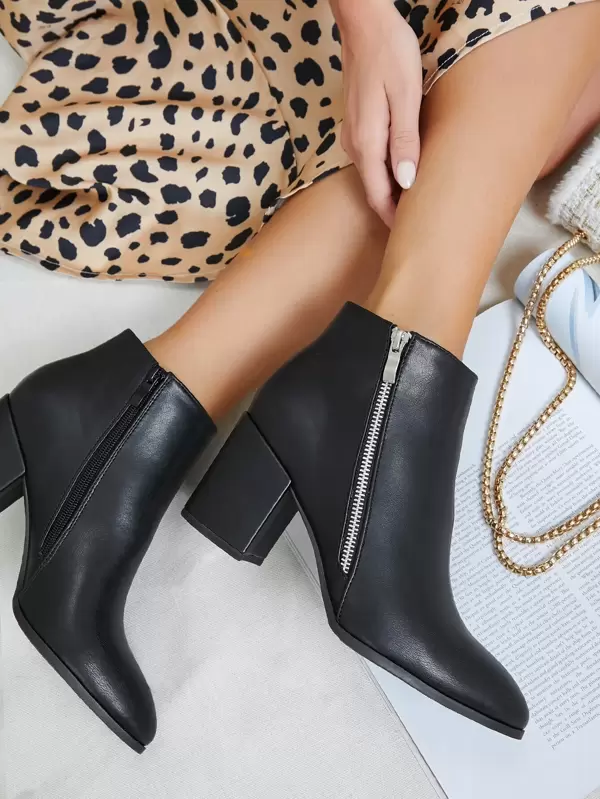 Details about / Women Simple Pattern Buckle Leather Block Heel Square Toe Zip Up OL Ankle Boots