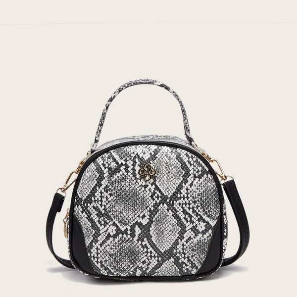 

Snakeskin Print Satchel Bag, Grey