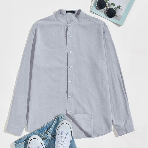 

Men Stand Collar Button Front Shirt, Pastel baby blue