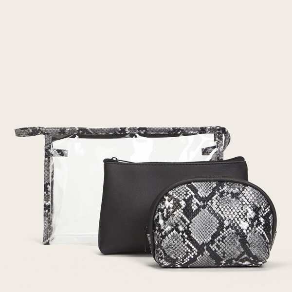 

3pcs Snakeskin Makeup Bag, Multicolor