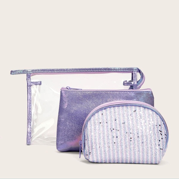 

3pcs Glitter Makeup Bag, Multicolor