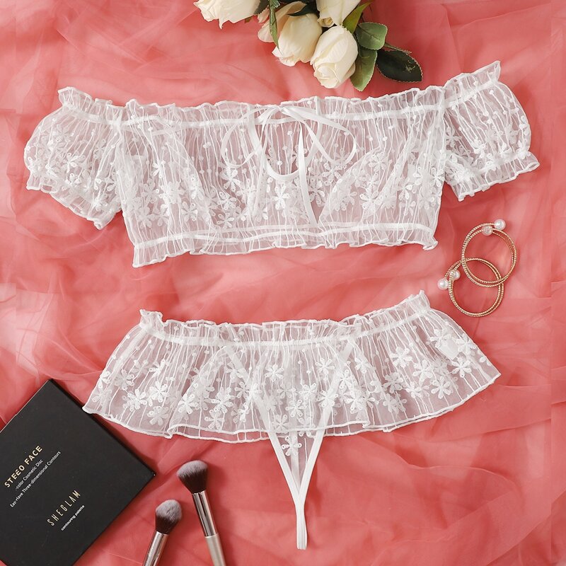 

Embroidered Mesh Bardot Lingerie Set, White