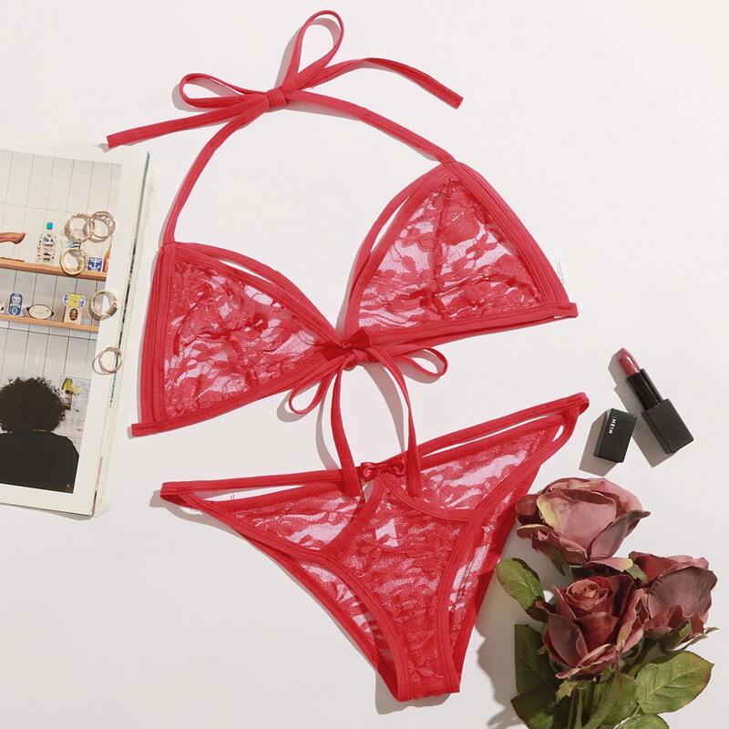 

Floral Lace Cut Out Lingerie Set, Red