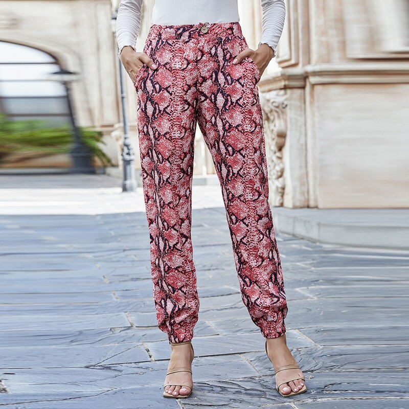 

Snakeskin Print High Waist Carrot Pants, Red