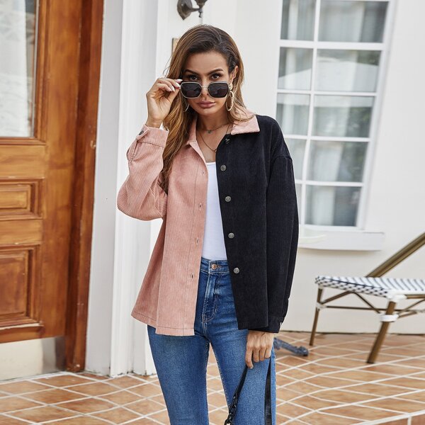 

Colorblock Button Front Corduroy Coat, Multicolor