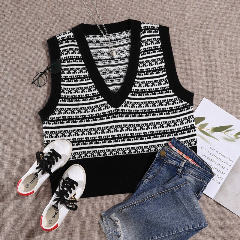 

Striped V-neck Sweater Vest, Black and white
