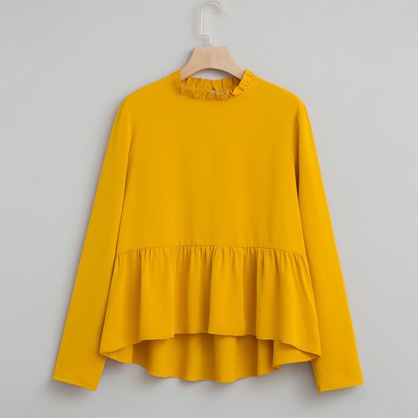

Frill Neck Dip Hem Peplum Blouse, Mustard yellow