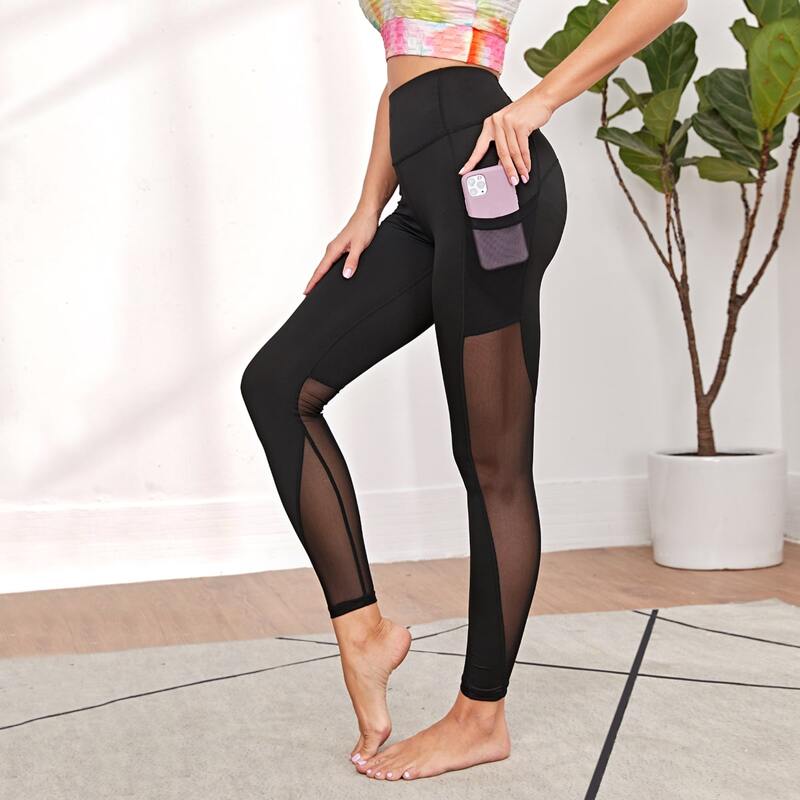 

Mesh Panel Sports Leggings With Phone Pocket, Black