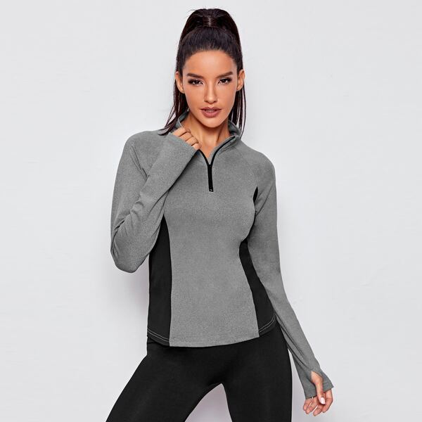 

Color Block Raglan Sleeve Sports Jacket With Thumb Holes, Dark grey