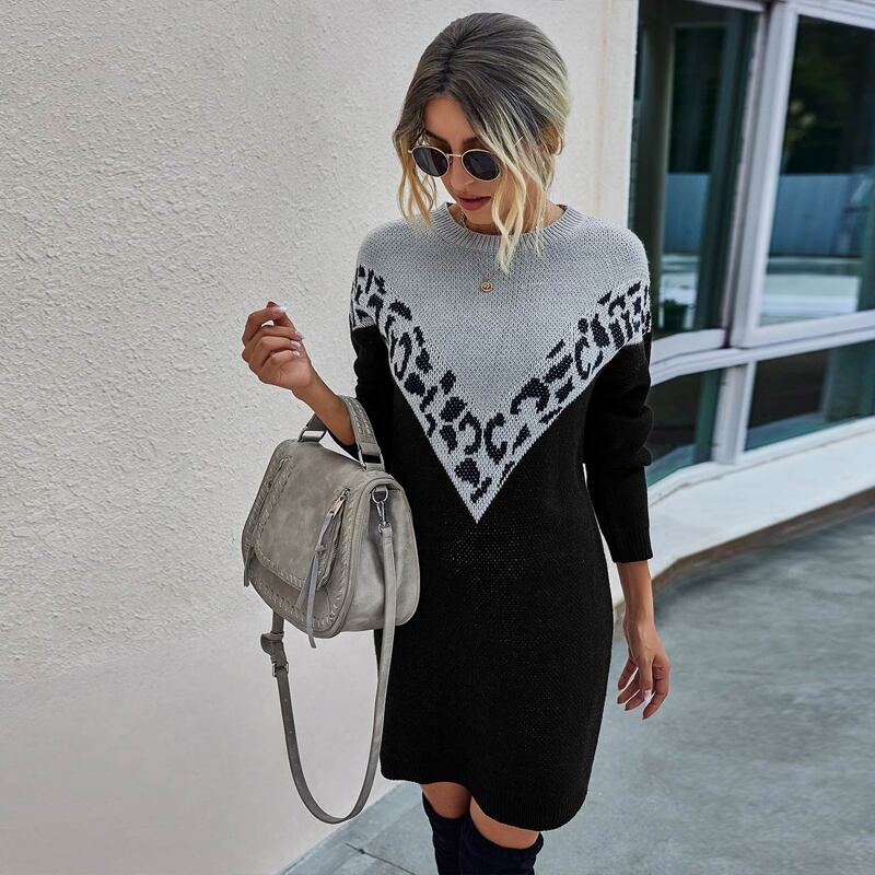 

Drop Shoulder Chevron Leopard Sweater Dress, Multicolor