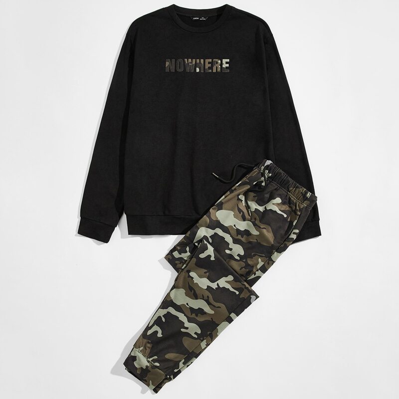 

Guys Letter Graphic Pullover & Camo Drawstring Sweatpants Set, Multicolor