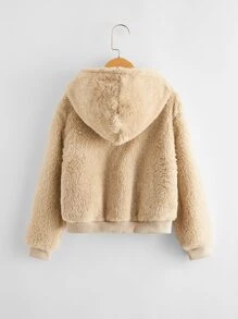 SHEIN Girls Letter Embroidery Hooded Teddy Jacket - Apricot - View 2