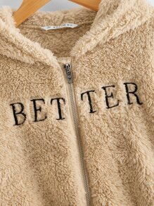 SHEIN Girls Letter Embroidery Hooded Teddy Jacket - Apricot - View 3