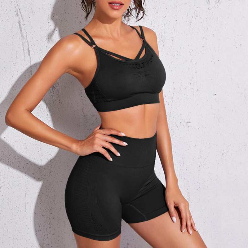 

Eyelet Solid Sports Bra & Biker Shorts, Black