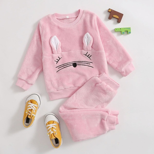 

Toddler Girls Flannel 3D Ear Design Embroidery PJ Set, Baby pink