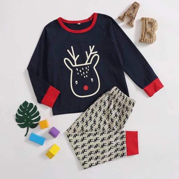 

Toddler Boys Christmas Print Contrast Binding PJ Set, Multicolor