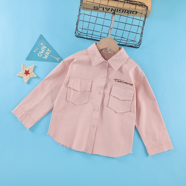 

Toddler Boys Letter Embroidery Flap Pockets Denim Shirt, Baby pink