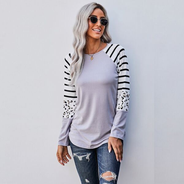 

Stripe And Leopard Print Raglan Sleeve Tee, Light grey