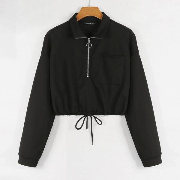 

O-ring Half Zip Knot Hem Crop Sweatshirt, Black