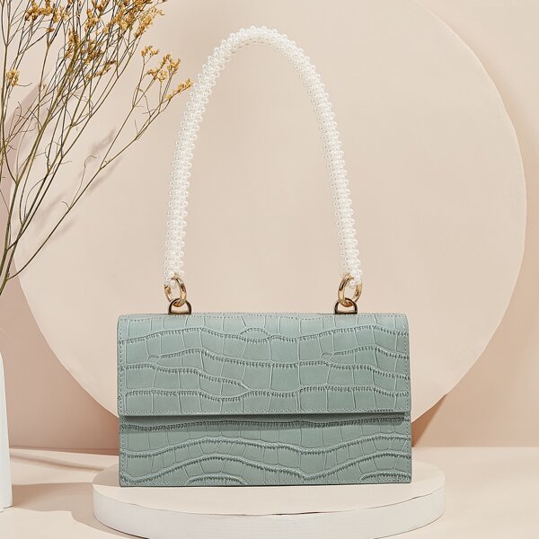 

Croc Embossed Faux Pearl Handle Calfskin Leather Shoulder Bag, Blue