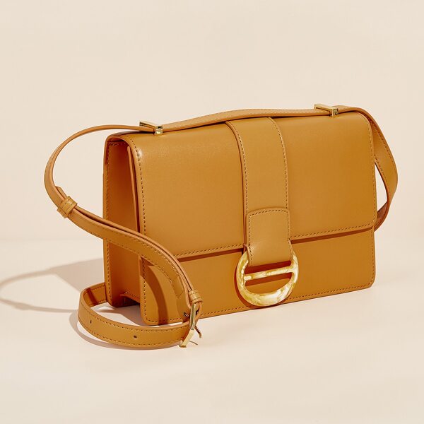 

Calfskin Leather Flap Crossbody Bag, Mustard yellow
