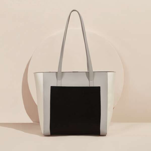

Color Block Calfskin Leather Tote Bag, Grey