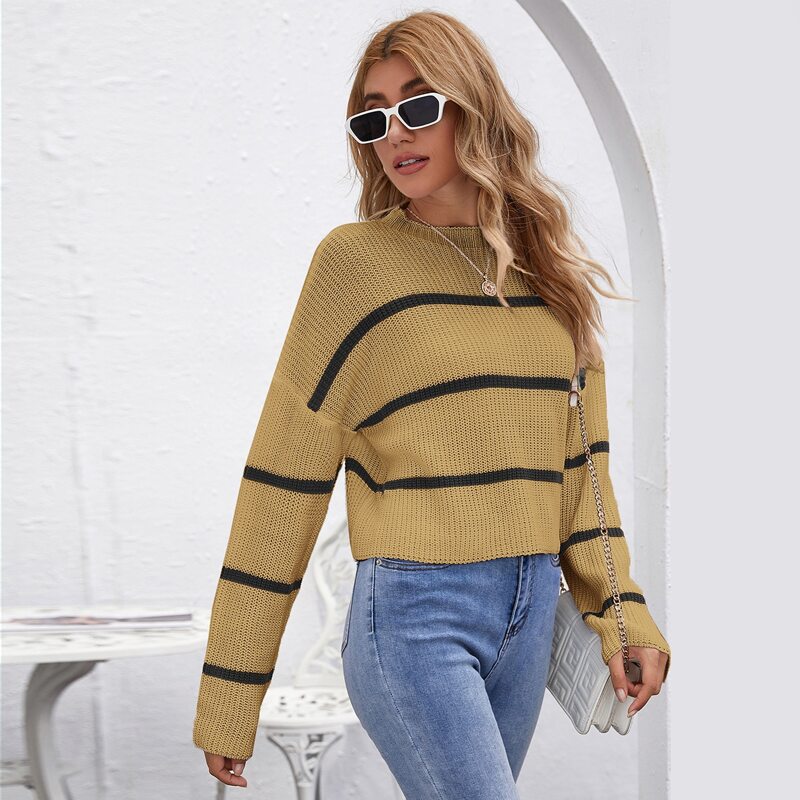 

Drop Shoulder Striped Crop Sweater, Khaki