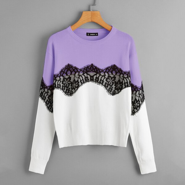 

Color Block Eyelash Lace Trim Sweater, Multicolor