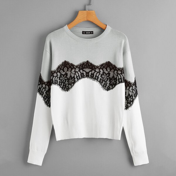 

Color Block Eyelash Lace Trim Sweater, Multicolor