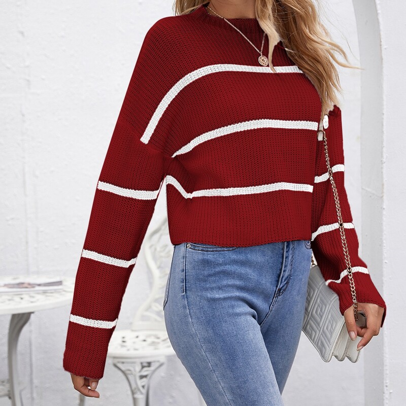 

Drop Shoulder Striped Crop Sweater, Burgundy