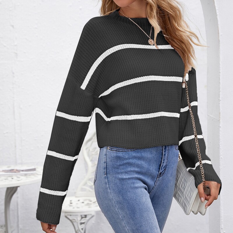 

Drop Shoulder Striped Crop Sweater, Dark grey