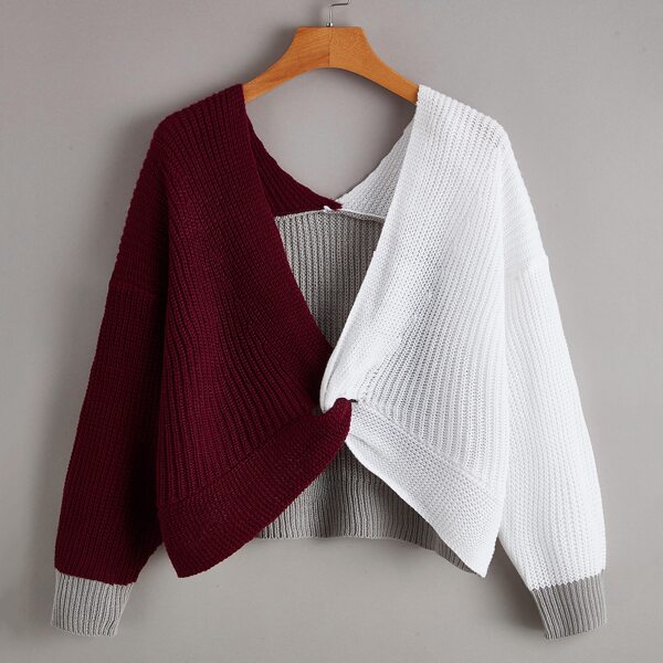 

Twist Front Drop Shoulder Color Block Sweater, Multicolor