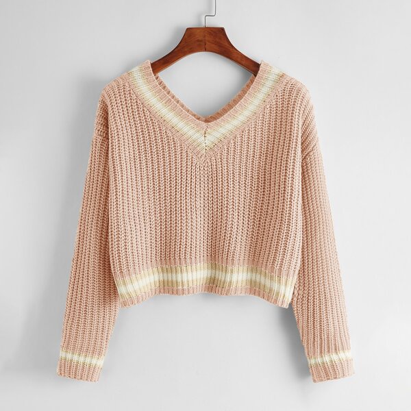 

Drop Shoulder Striped Ribbed Knit Sweater, Coral pink