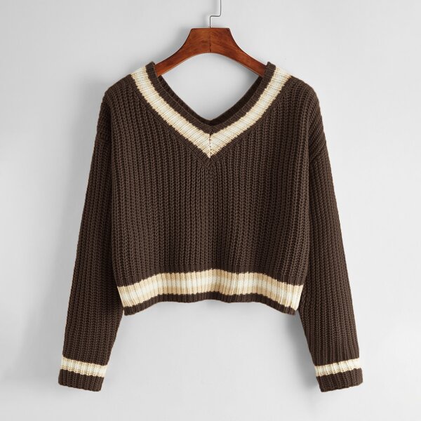 

Drop Shoulder Striped Ribbed Knit Sweater, Chocolate brown
