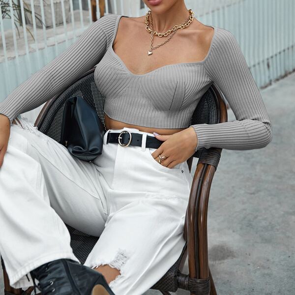 

Sweetheart Neck Ribbed Knit Crop Sweater, Grey
