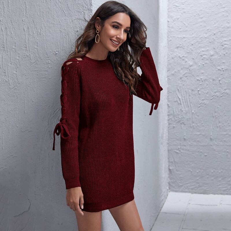 

Lace Up Raglan Sleeve Sweater Dress, Maroon