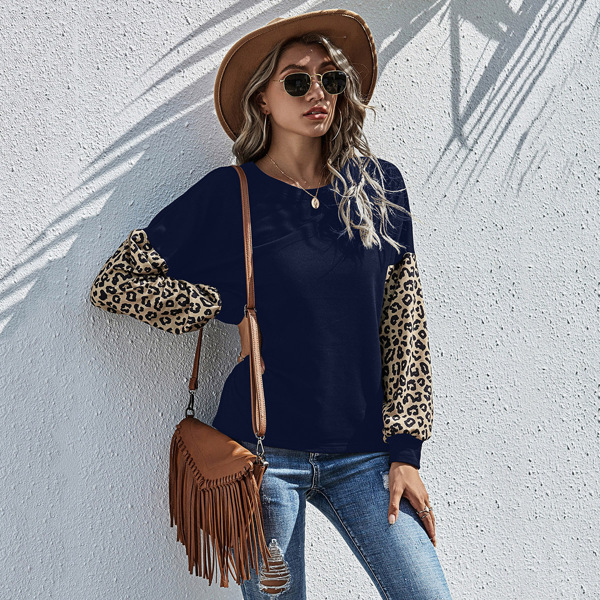 

Contrast Leopard Drop Shoulder Sweatshirt, Navy blue