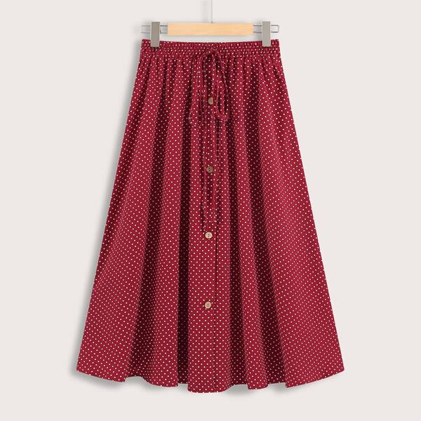 

Polka Dot Drawstring Waist Button Front Flared Skirt, Burgundy