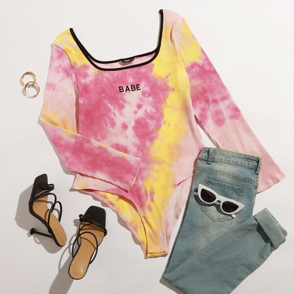 

Plus Tie Dye Letter Embroidered Rib-knit Bodysuit, Multicolor