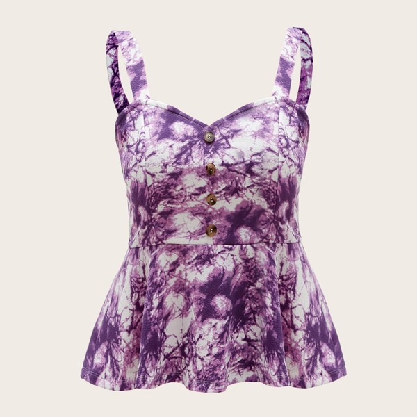 

Plus Buttoned Front Tie Dye Peplum Cami Top, Multicolor