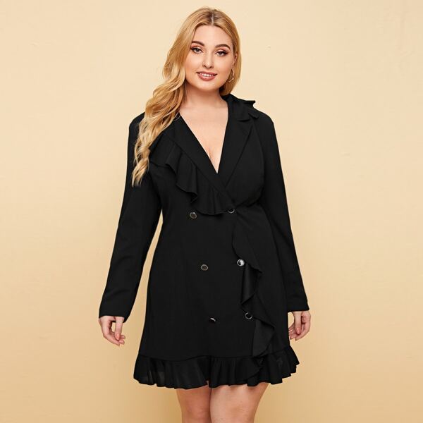 

Plus Ruffle Trim Double Breasted Blazer Dress, Black