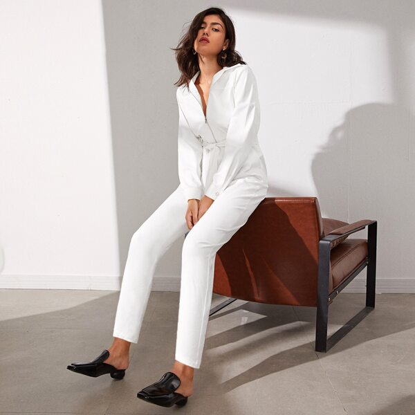 

Zipper Up Belted Jumpsuit, White