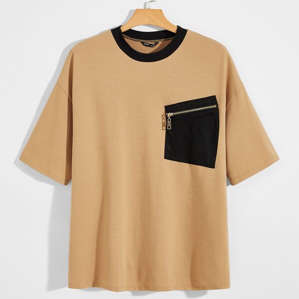 

Men Drop Shoulder Zipper Detail Tee, Camel
