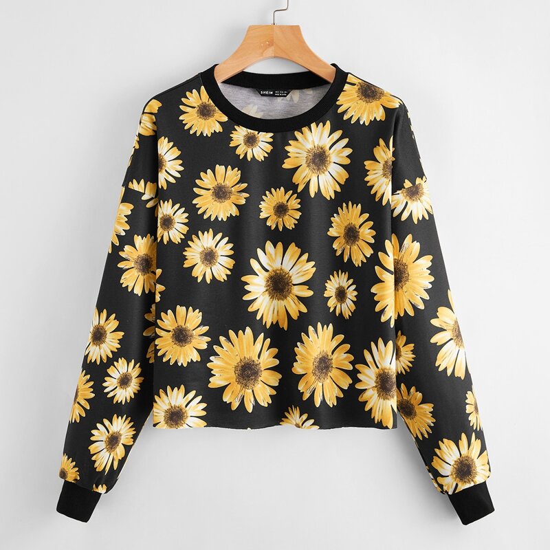 

Allover Sunflower Print Sweatshirt, Black